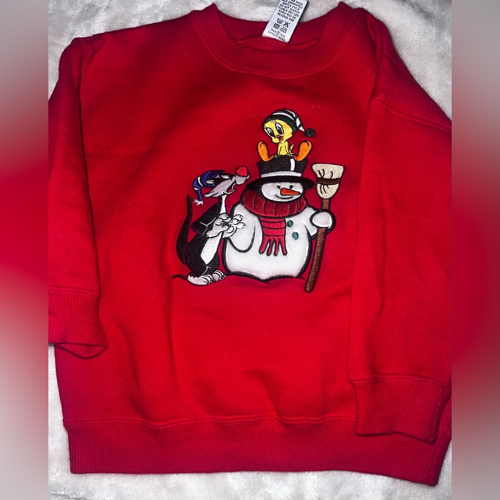 Warner Bros. Red Crewneck Sweater with Cartoon Characters